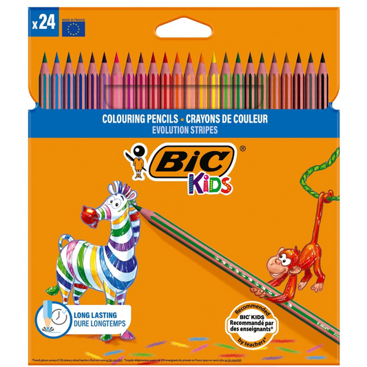 BIC Evolution Stripes - 24 Colouring Pencils for Kids, Students & Teachers